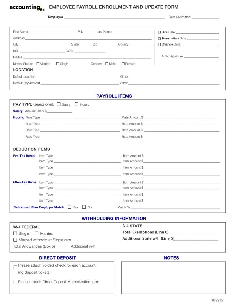 Employee Payroll Enrollment And Update Form Accounting Rx Download 