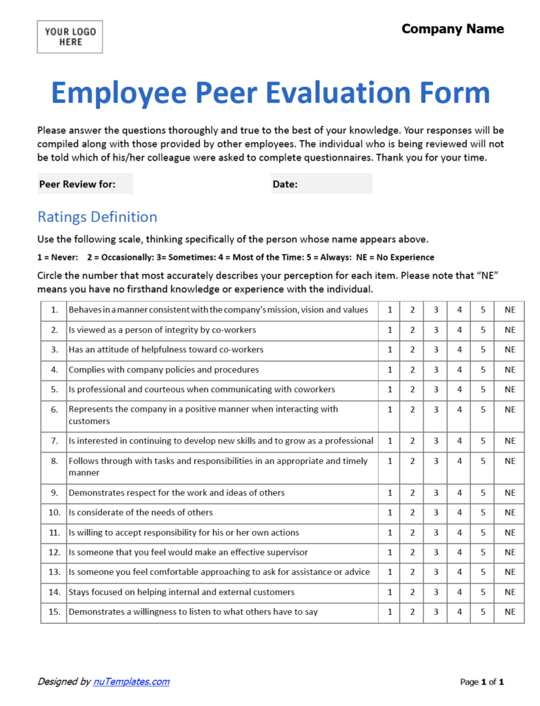 Employee Peer Evaluation Form Peer Evaluation Template NuTemplates