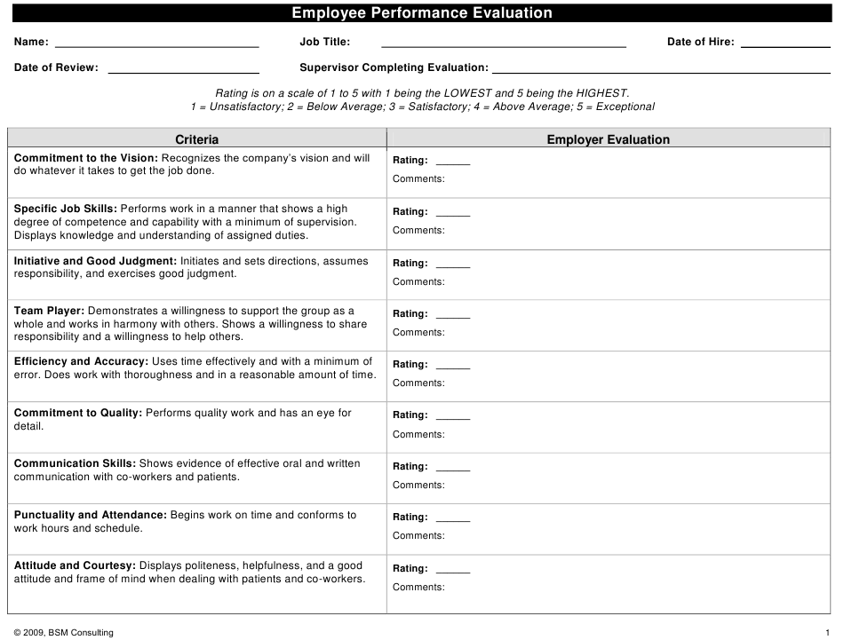 Employee Performance Evaluation Form Bsm Consulting Download 