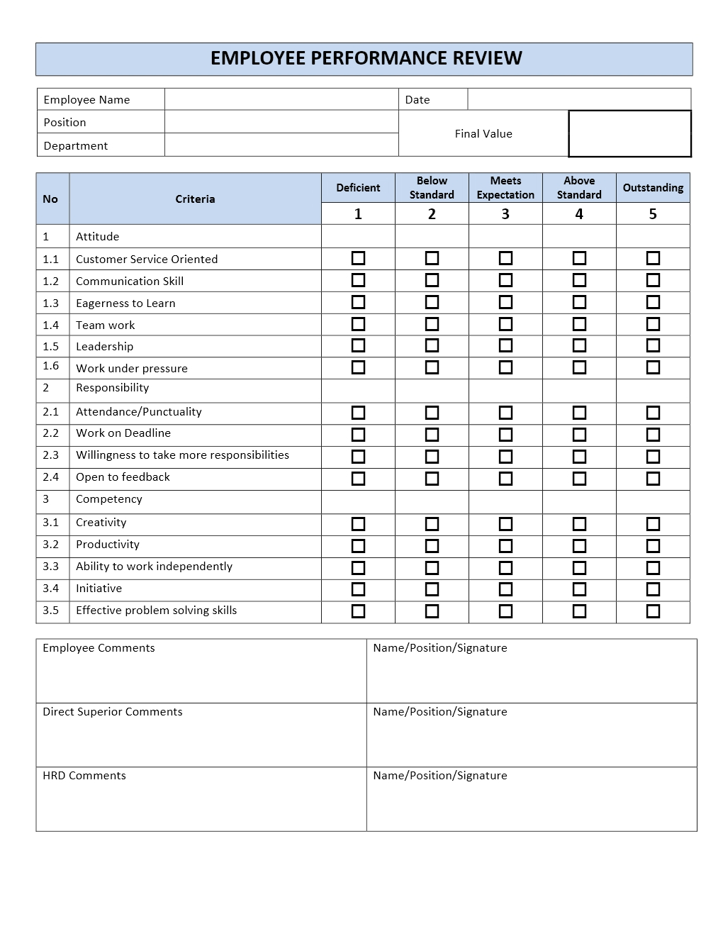 Employee Performance Review Form