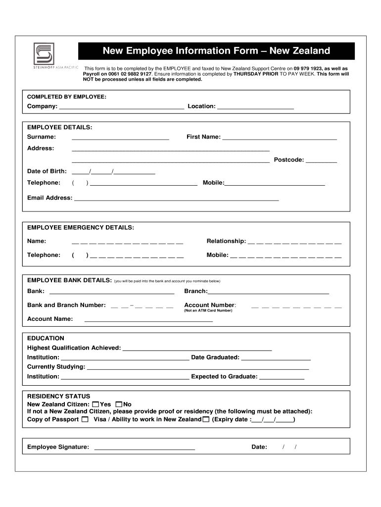 Employee Personal Details Form Nz Fill Online Printable Fillable 