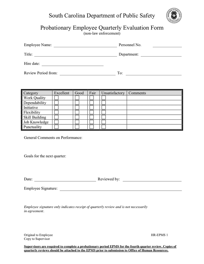 Employee Quarterly Evaluation Form In Word And Pdf Formats