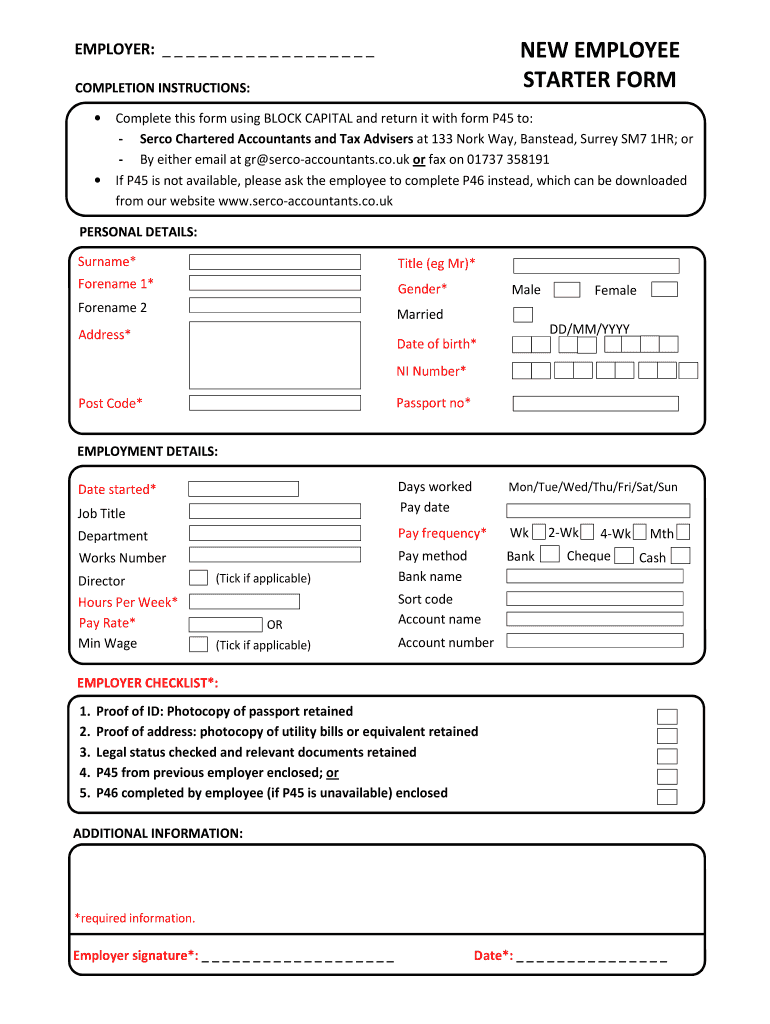 Employee Starter Form Fill Online Printable Fillable Blank PdfFiller