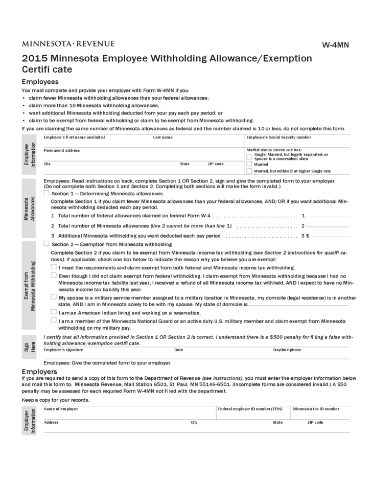 Employee Withholding Allowance Exemption Certificate Minnesota Free 