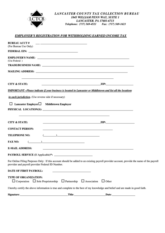 Employer S Registration For Withholding Earned Income Tax Form 