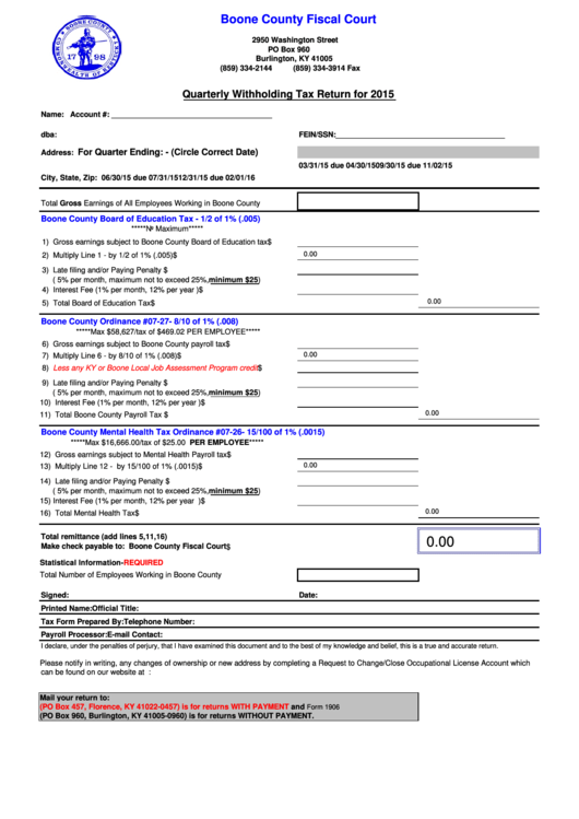 Fillable Form 1906 Quarterly Withholding Tax Return 2015 Printable 