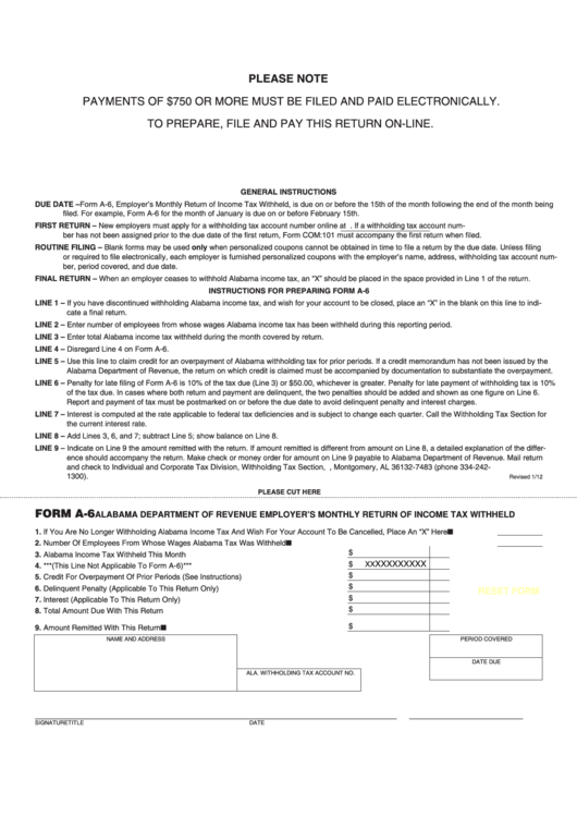 Fillable Form A 6 Alabama Department Of Revenue Employer S Monthly 