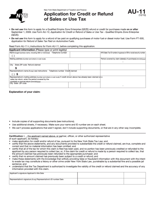 Fillable Form Au 11 Application For Credit Or Refund Of Sales Or Use 