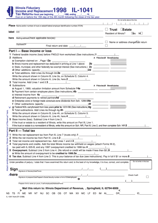 Fillable Form Il 1041 Illinois Fiduciary Income And Replacement Tax 