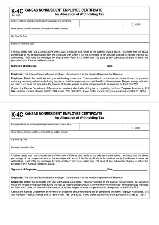 Fillable Form K 4c Kansas Nonresident Employee Certificate For 