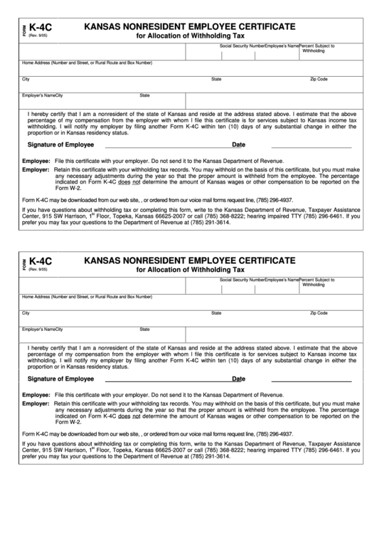 Fillable Form K 4c Kansas Nonresident Employee Certificate For 