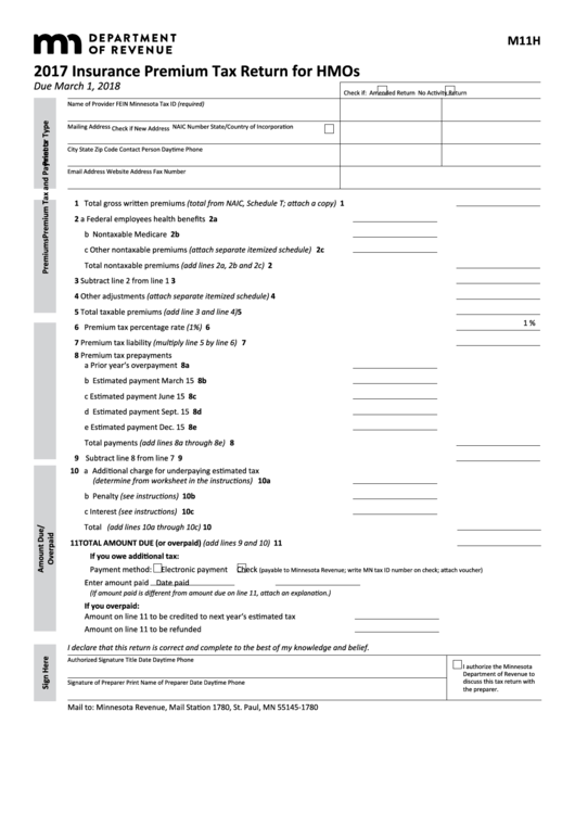 Fillable Form M11h Insurance Premium Tax Return For Hmos 2017 