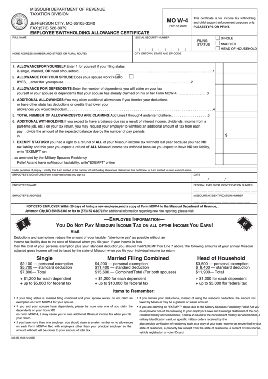 Fillable Form Mo W 4 Employee S Withholding Allowance Certificate 