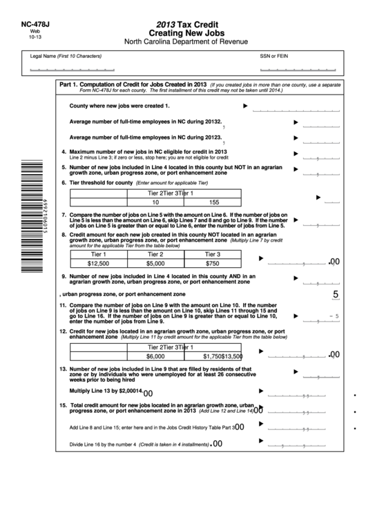 Fillable Form Nc 478j Tax Credit Creating New Jobs 2013 Printable 