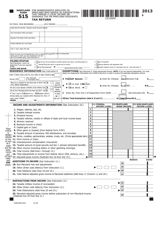 Fillable Maryland Form 515 Tax Return For Nonresidents Employed In 