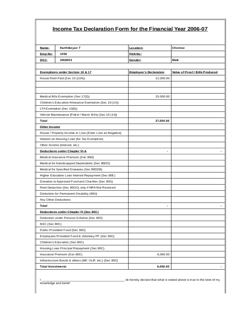 Fillable Online Employee s Income Tax Declaration Form For The 