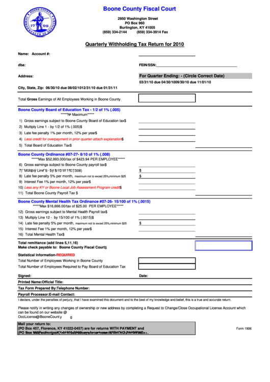 Form 1906 Quarterly Withholding Tax Return 2010 Printable Pdf Download