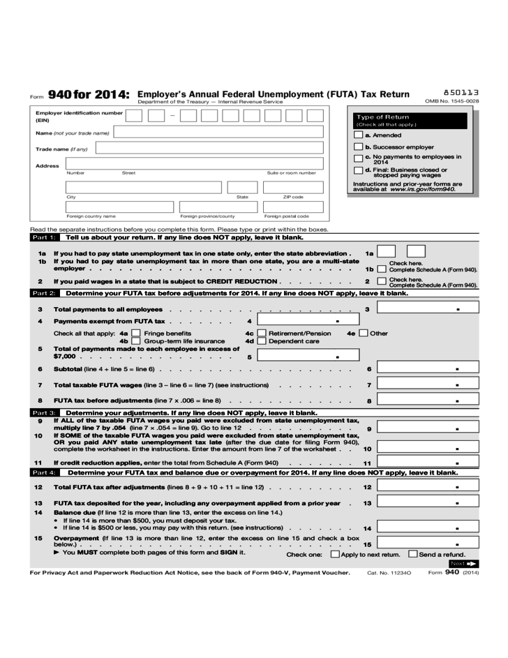 Form 940 Employer s Annual Federal Unemployment FUTA Tax Return 