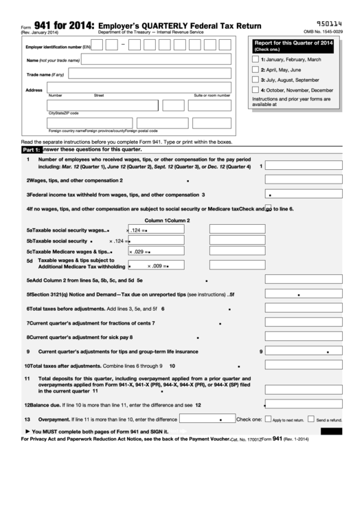 Form 941 Employer S Quarterly Federal Tax Return 2014 Printable Pdf 