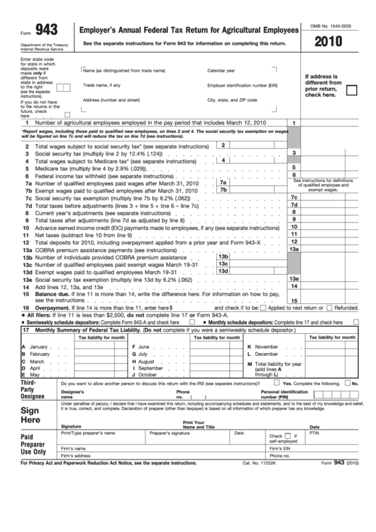 Form 943 Employer S Annual Federal Tax Return For Agricultural 