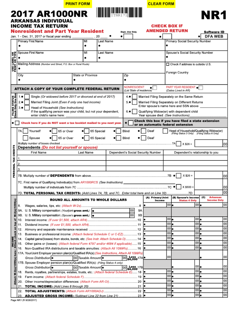 Form AR1000NR Download Fillable PDF Or Fill Online Arkansas Individual 