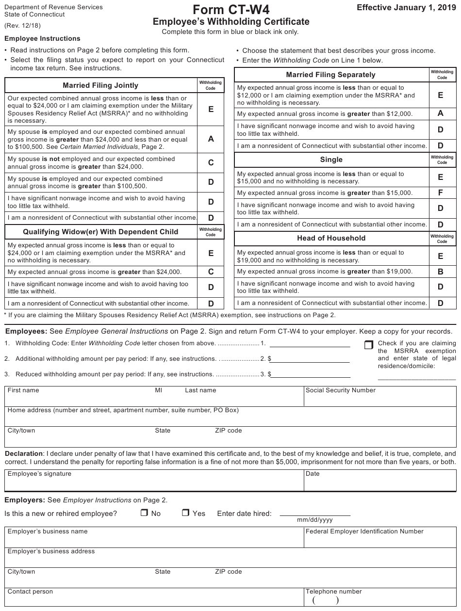 Form CT W4 Download Printable PDF Or Fill Online Employee s Withholding