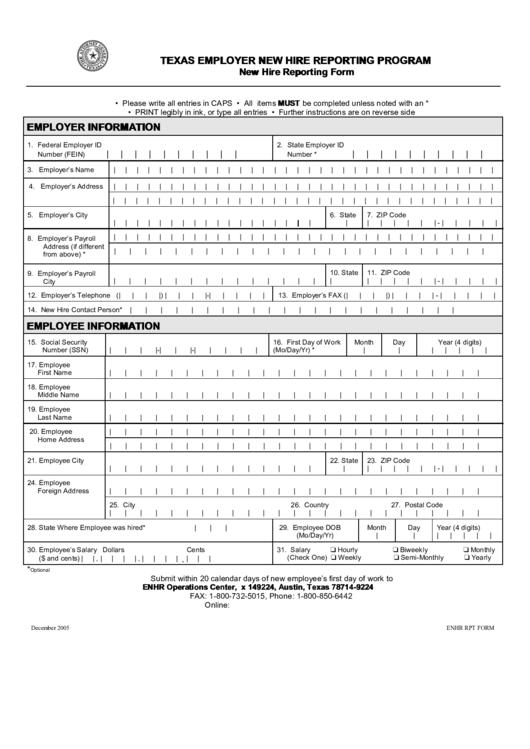 Form Enhr Rpt New Hire Reporting Form Printable Pdf Download