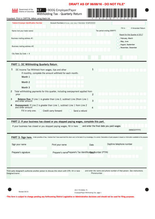 Form Fr 900q Employer payor Withholding Tax Quarterly Return 2017 