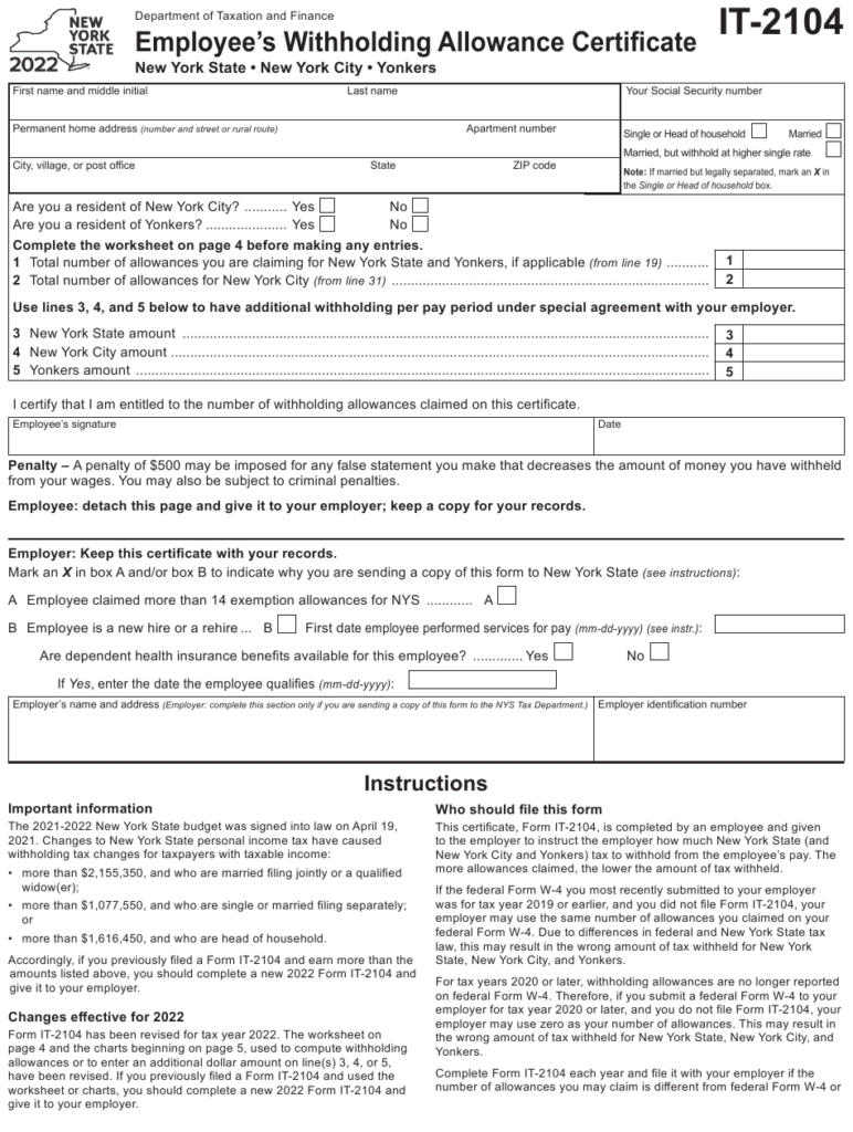 Form IT 2104 Download Fillable PDF Or Fill Online Employee s 