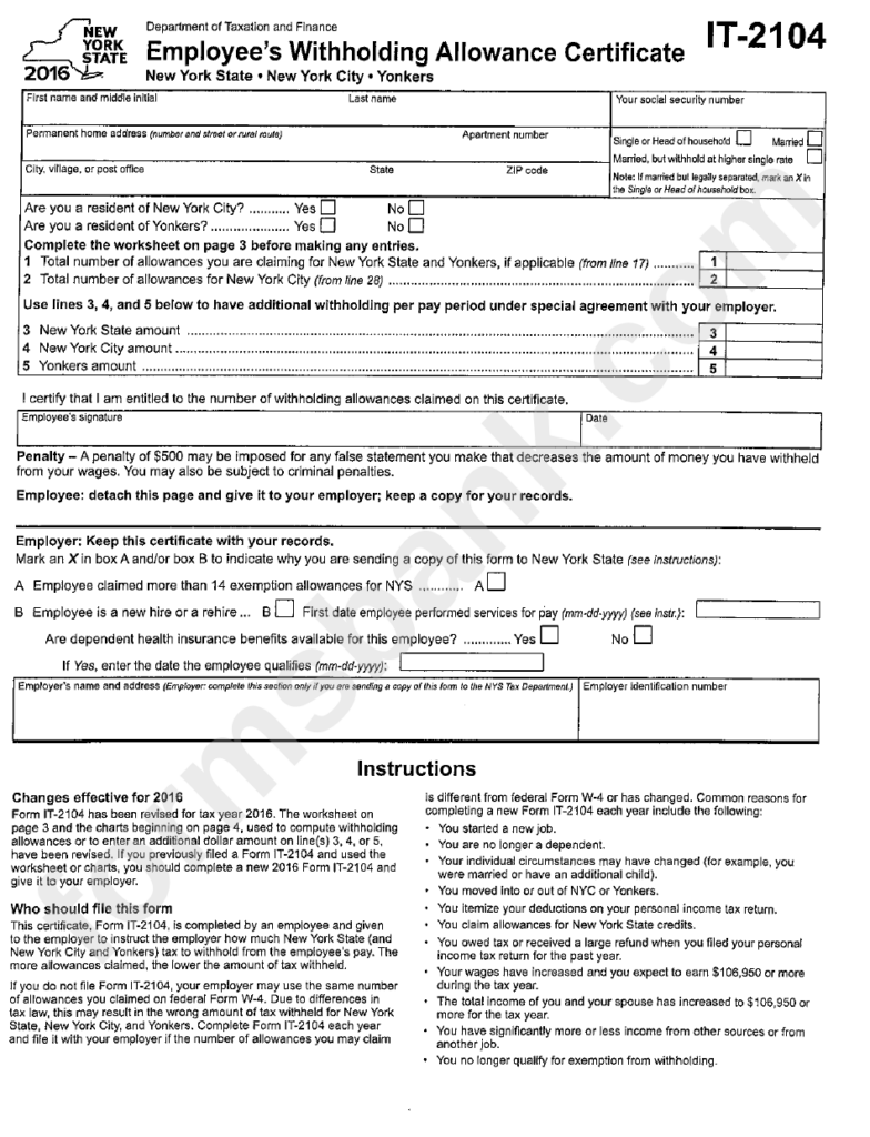 Form It 2104 Employee S Withholding Allowance Certificate 2016 