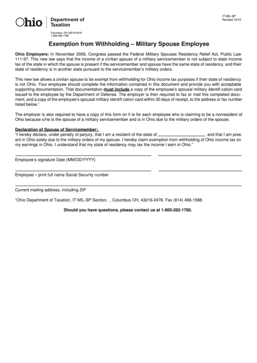 Form It Mil Sp Exemption From Withholding Military Spouse Employee 