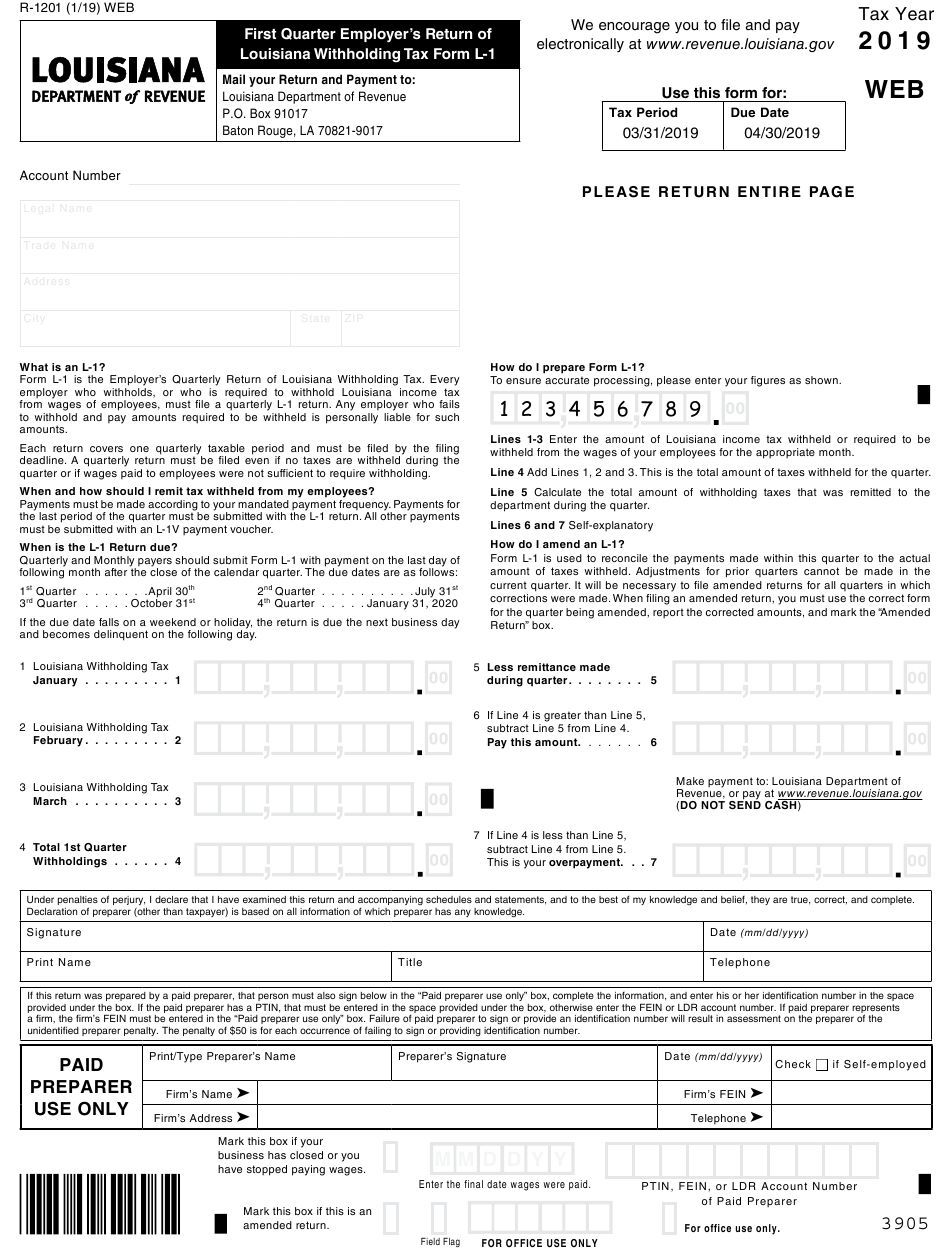 Form L 1 R 1201 Download Fillable PDF Or Fill Online First Quarter 