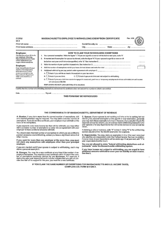 Form M 4 Massachusetts Employee S Withholding Exemption Certificate 