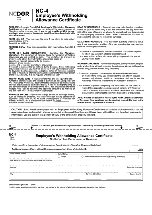 Form Nc 4 Employee S Withholding Allowance Certificate Nc 4p