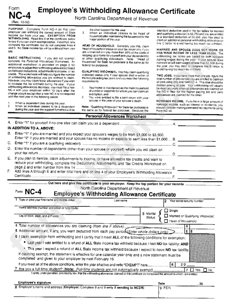 Form Nc 4 Employee S Withholding Allowance Certificate Printable Pdf 