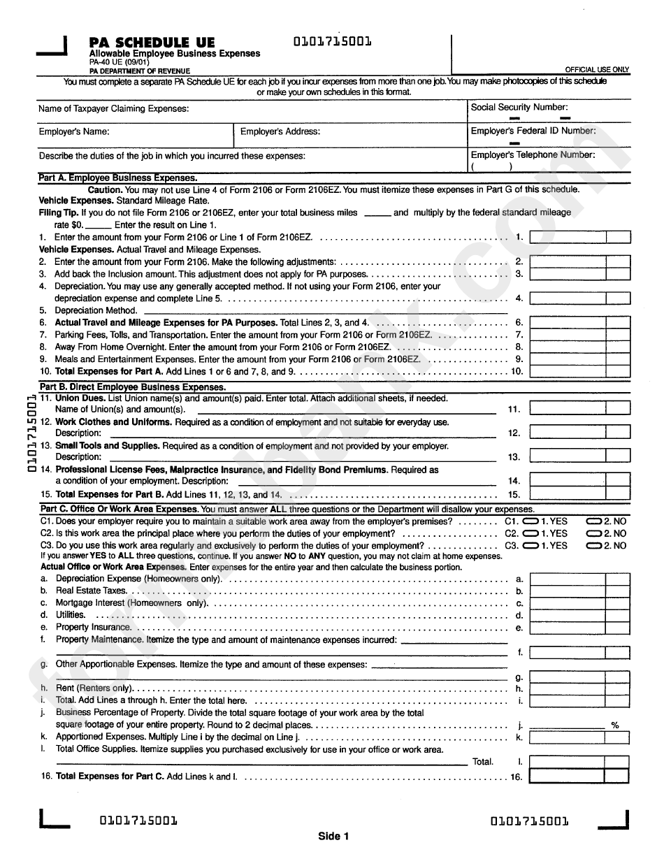 Form Pa 40ue Allowable Employee Business Expenses Printable Pdf Download