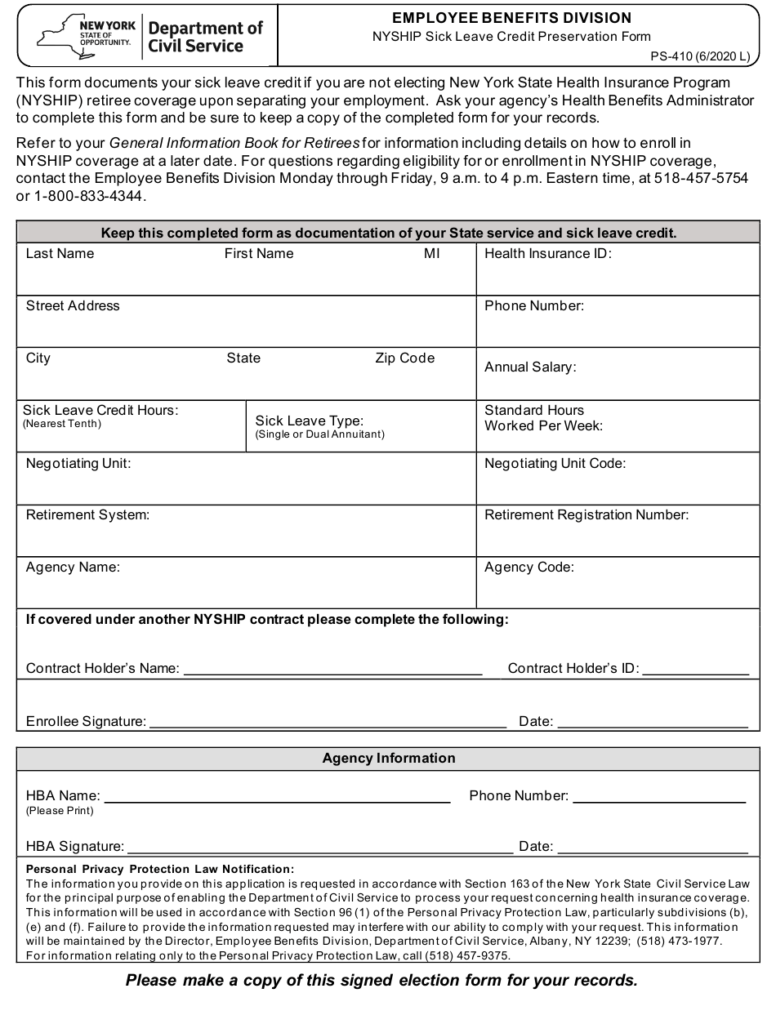 Form PS 410 Download Fillable PDF Or Fill Online Nyship Sick Leave 