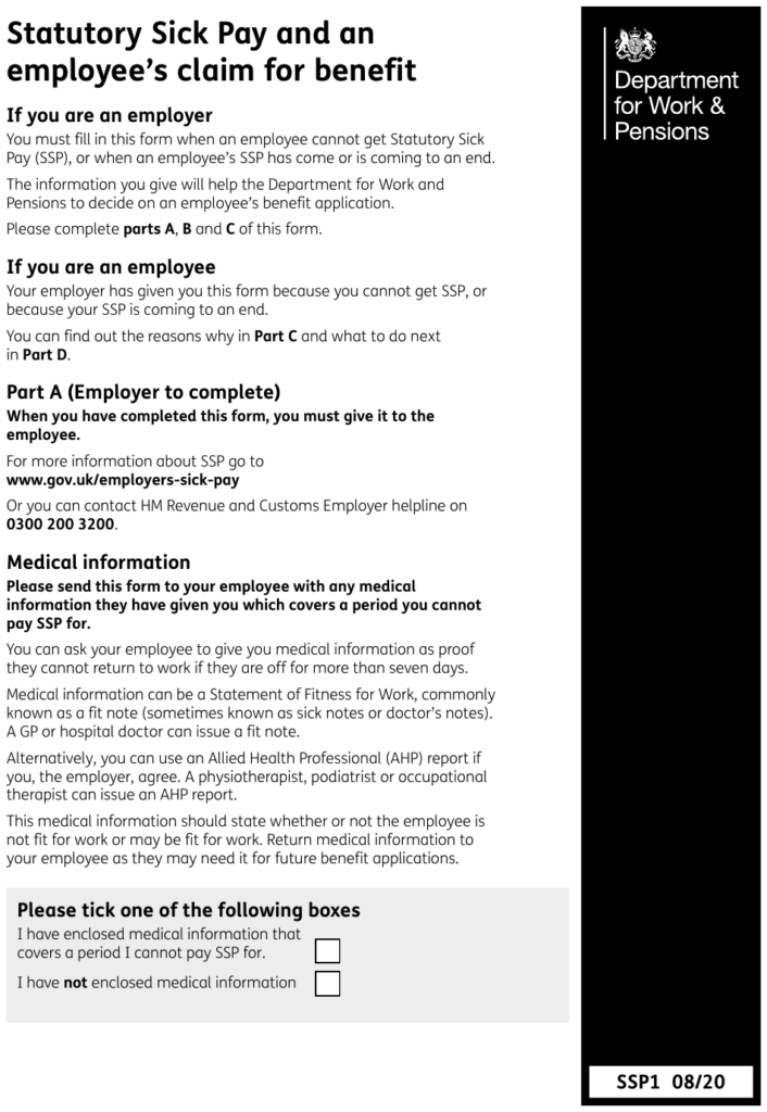 Form SSP1 Download Printable PDF Or Fill Online Statutory Sick Pay And 