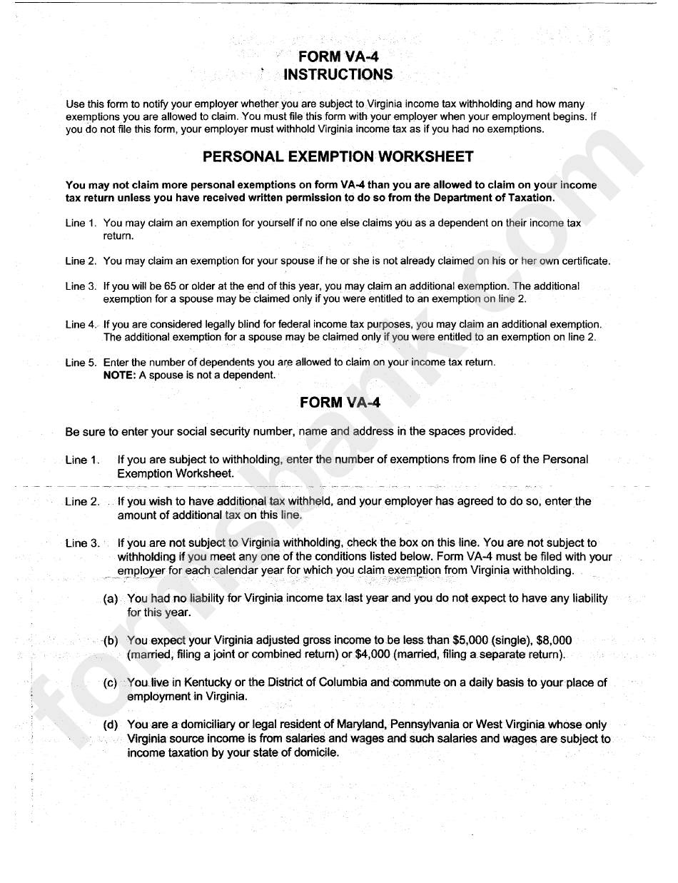 Form Va 4 Employee S Virginia Income Tax Withholding Exemption 