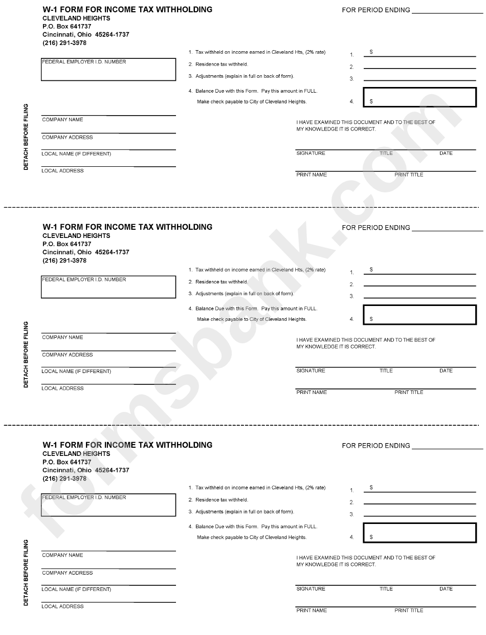 Form W 1 For Income Tax Withholding City Of Cleveland Heights Ohio 