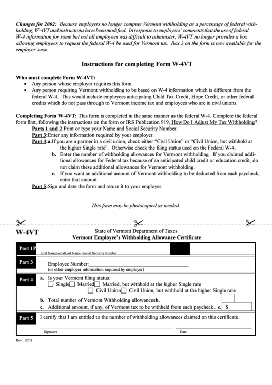 Form W 4vt Vermont Employee Withholding Allowance Certificate 