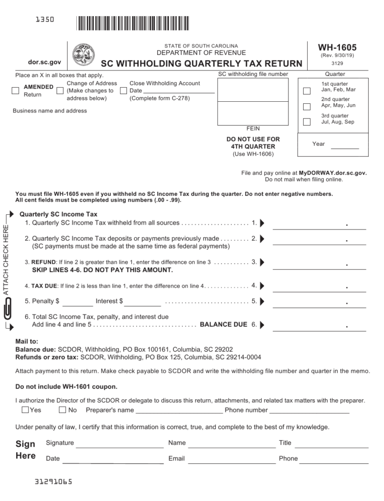 Form WH 1605 Download Printable PDF Or Fill Online Sc Withholding 