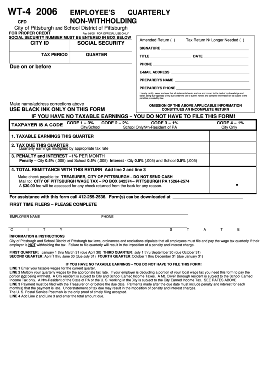 Form Wt 4 Employee S Quarterly Non Withholding 2006 Printable Pdf 