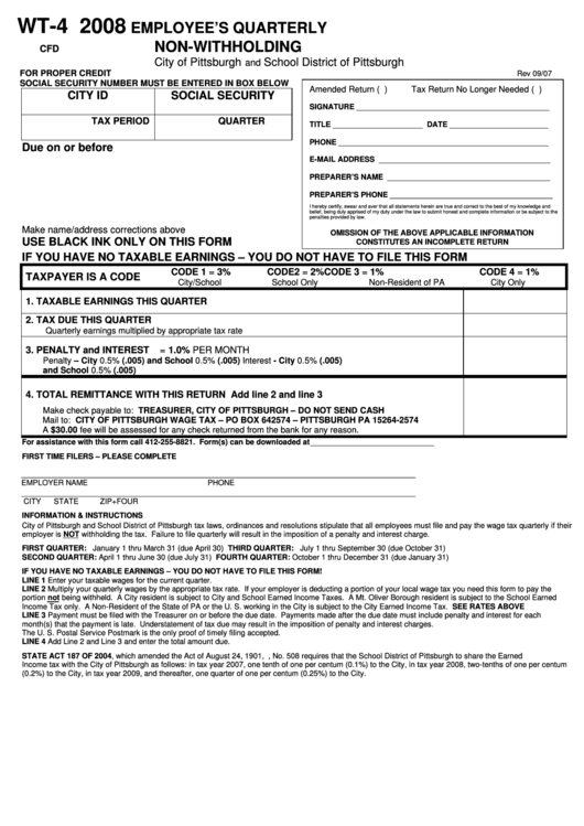 Form Wt 4 Employee S Quarterly Non Withholding 2008 Printable Pdf