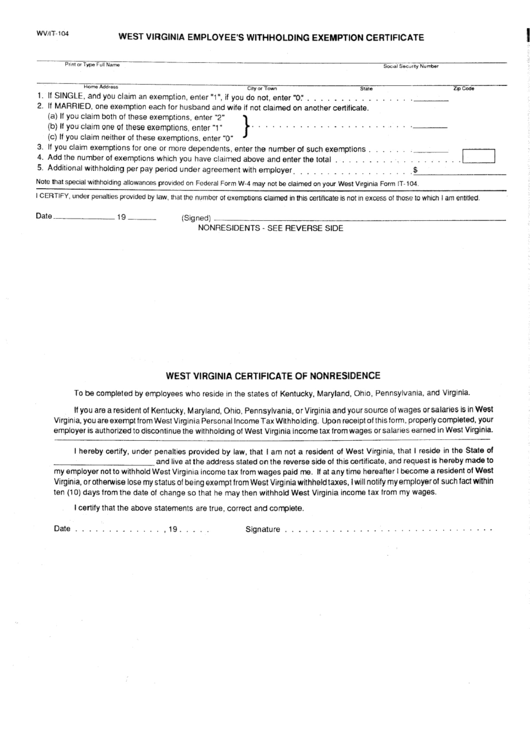 Form Wv it 104 West Virginia Employee S Withholding Exemption 