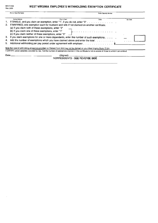 Form Wv t 104 West Virginia Employee S Withholding Exemption 