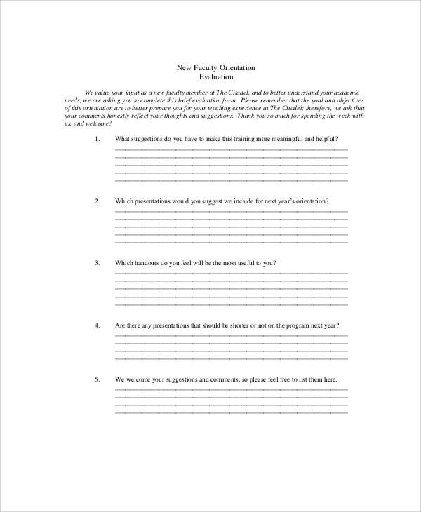 FREE 10 Sample Orientation Evaluation Forms In MS Word PDF