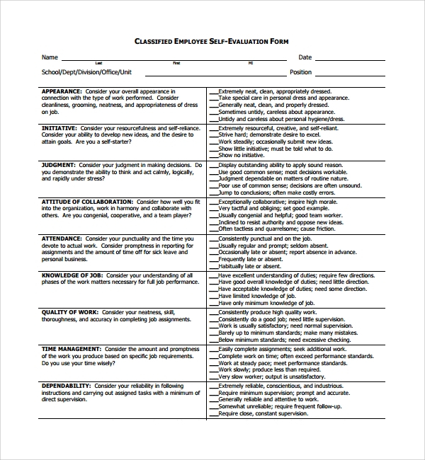 FREE 7 Employee Self Evaluation Forms In PDF