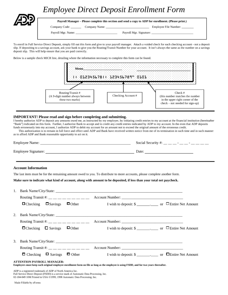 Free ADP Direct Deposit Authorization Form PDF EForms