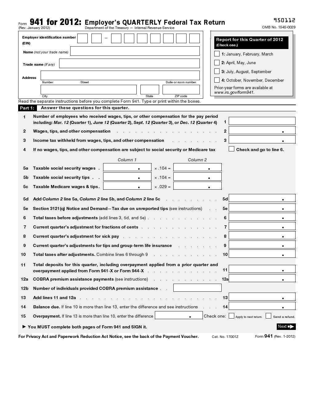 Free Employers Quarterly Federal Tax Return PDF Template Form Download